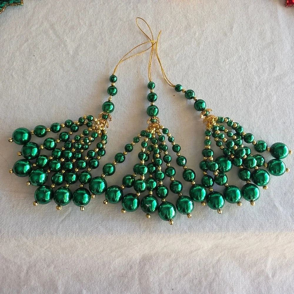 VTG Y2K Christmas Ornament Lot 11pc Glass Finial Sequin Bow etc Red Green Gold